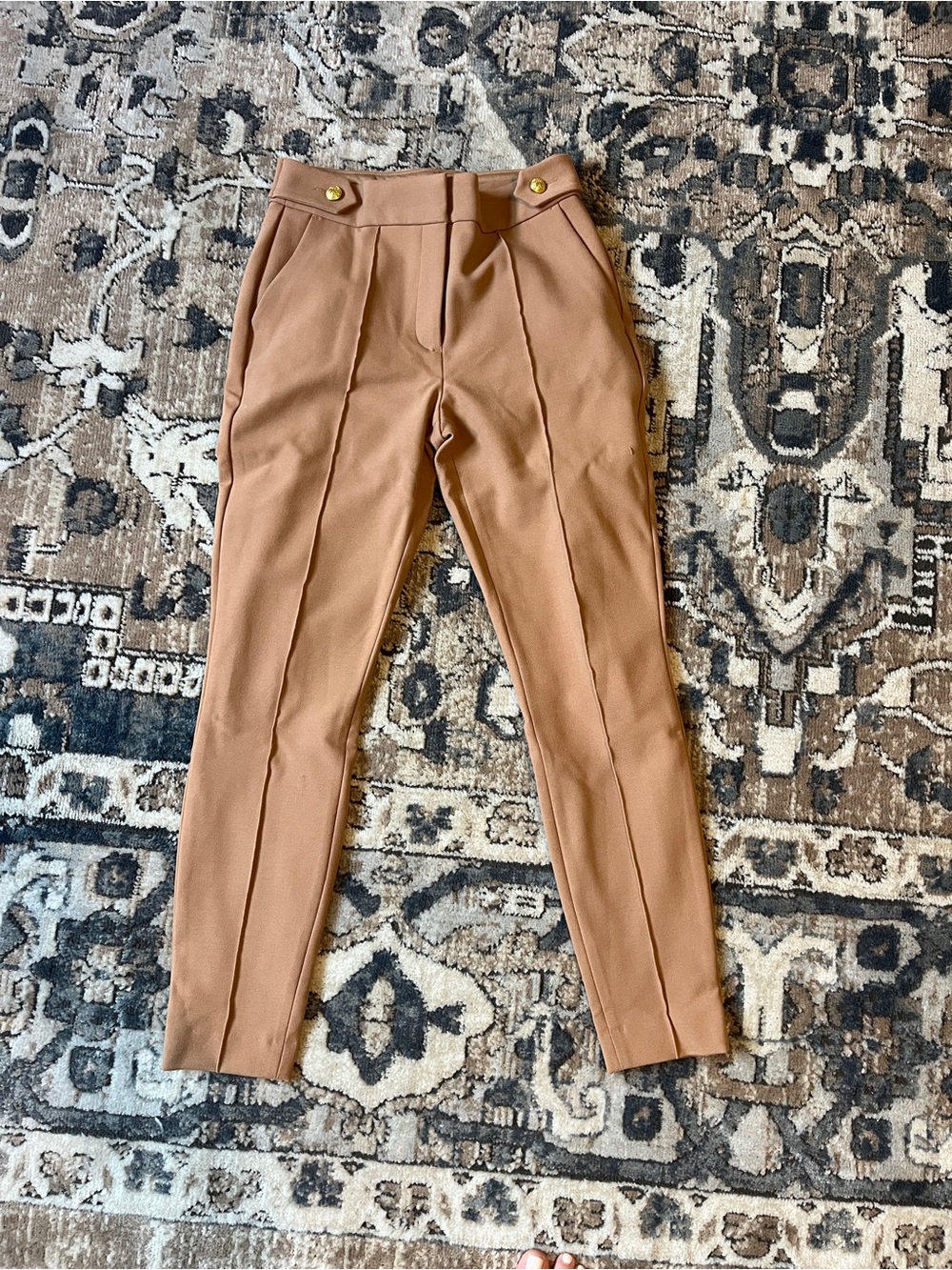 Express Women's Camel High-Waist Trousers with Gold Buttons